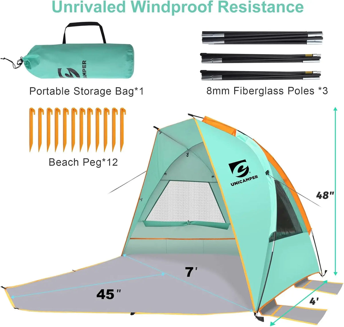 Beach Tent 3 Person Sun Shelter UPF 50+ with Extended Waterproof Pe Floor & 3 Mesh Roll Up Windows Fits