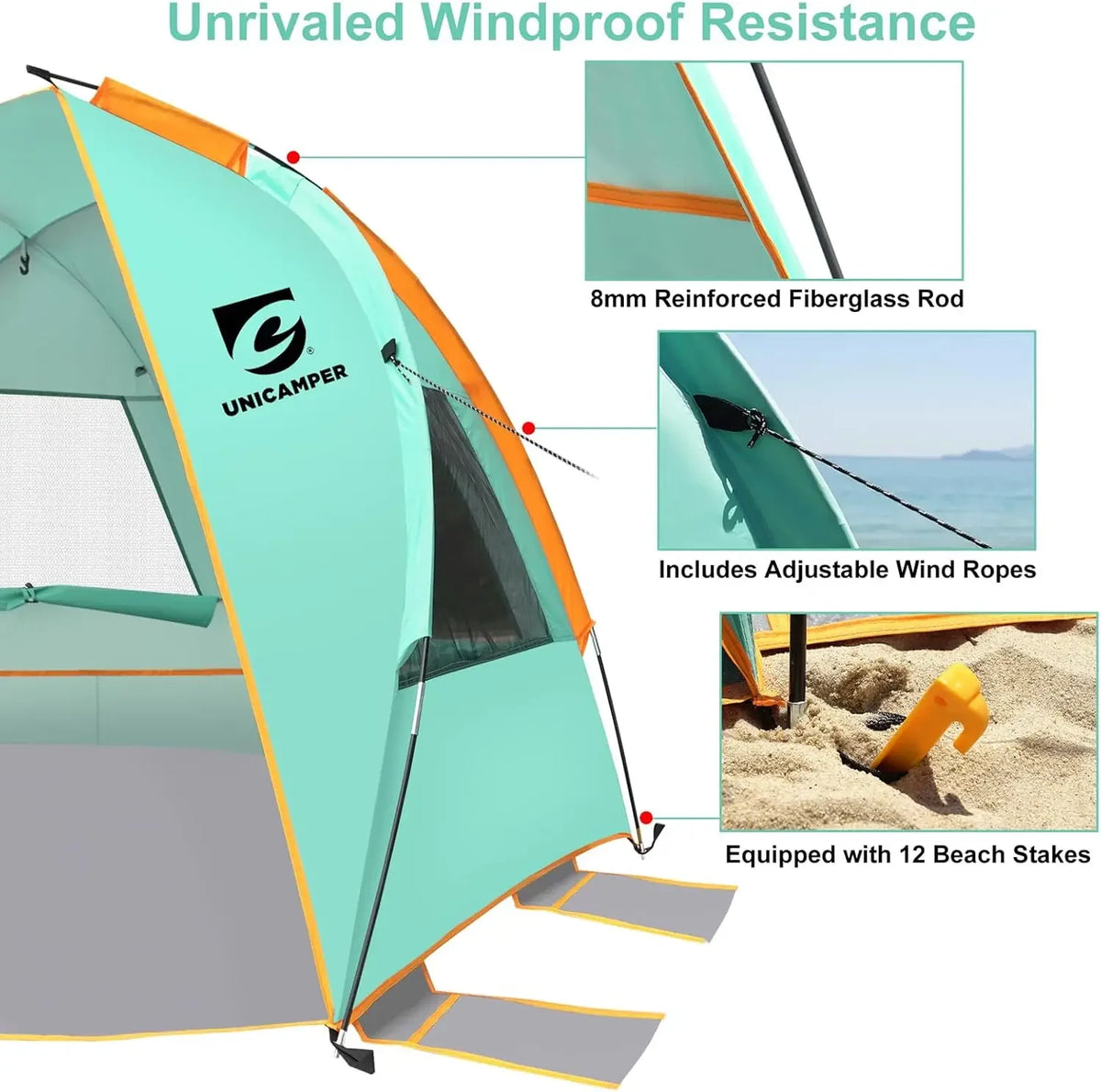 Beach Tent 3 Person Sun Shelter UPF 50+ with Extended Waterproof Pe Floor & 3 Mesh Roll Up Windows Fits